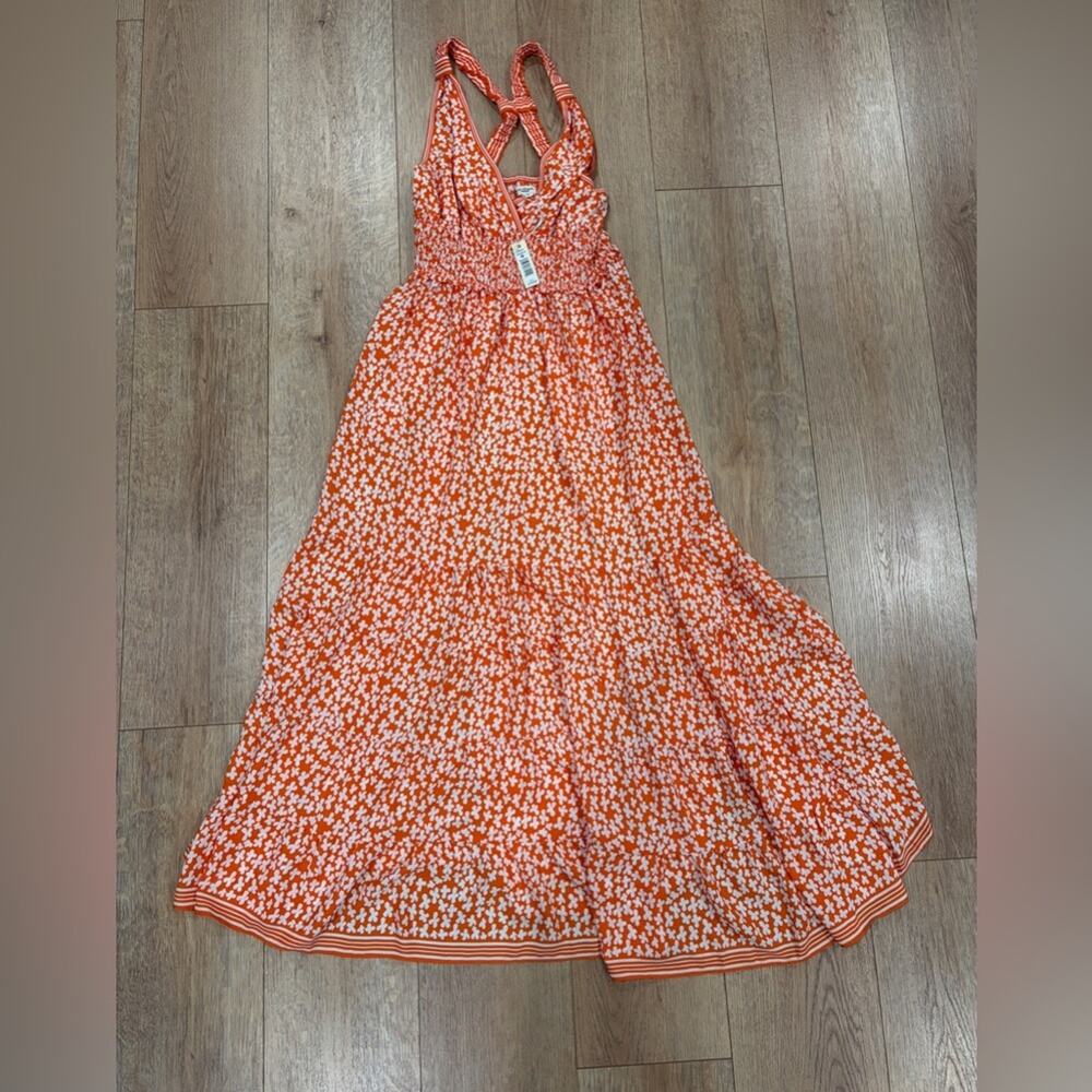 Max Studio London Orange Floral Halter Maxi Dress Smocked Waist NWT Size M - Picture 7 of 9